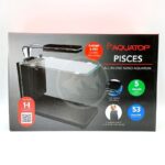 Box for Aquatop Pisces all-in-one nano aquarium, featuring a photo of the aquarium tank, highlights of a 5-gallon capacity, 53-gallon flow rate, touch-sensitive LED lighting, and shrimp & fry guard included.