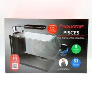 Box for Aquatop Pisces all-in-one nano aquarium, featuring a photo of the aquarium tank, highlights of a 5-gallon capacity, 53-gallon flow rate, touch-sensitive LED lighting, and shrimp & fry guard included.