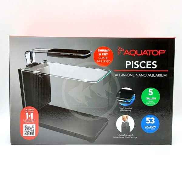 Box for Aquatop Pisces all-in-one nano aquarium, featuring a photo of the aquarium tank, highlights of a 5-gallon capacity, 53-gallon flow rate, touch-sensitive LED lighting, and shrimp & fry guard included.