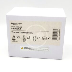 A white Aquascape Ultraklean Fitting Kit box showing its label, which lists contents (fittings: 3 Aquascape, 3 NAB, 7 O-rings, 1 item) and a warning about cancer and reproductive harm.
