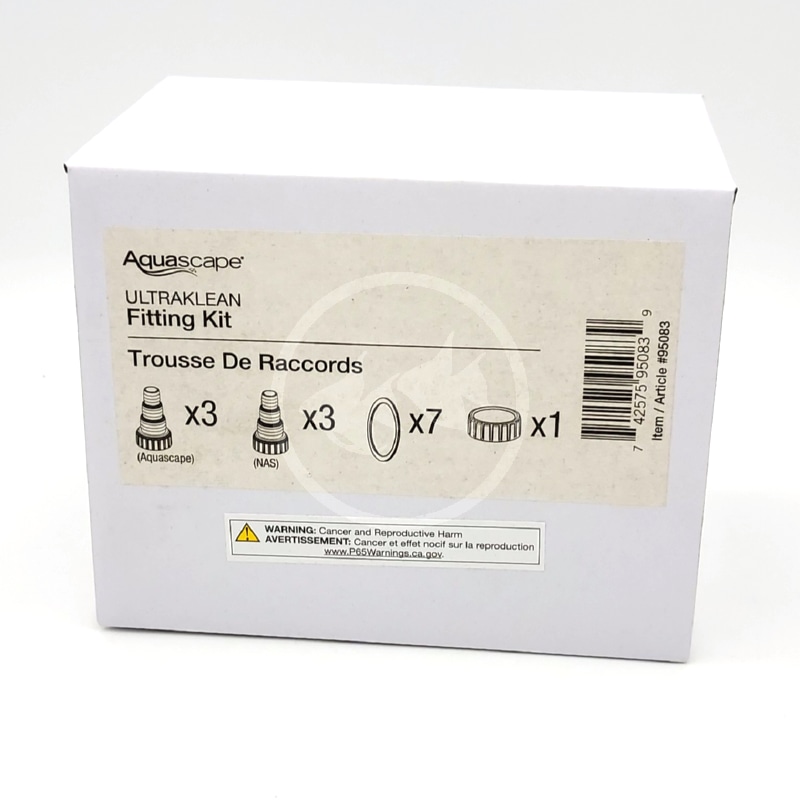 AQUASCAPE FITTING KIT FOR ULTRAKLEAN 20003000.jpg A white Aquascape Ultraklean Fitting Kit box showing its label, which lists contents (fittings: 3 Aquascape, 3 NAB, 7 O-rings, 1 item) and a warning about cancer and reproductive harm.