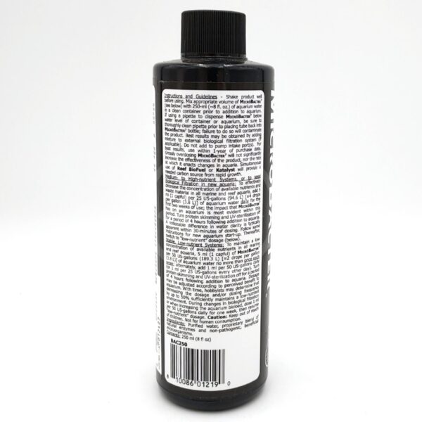 A black bottle with a black cap, shown from the back. The label is densely printed with white text containing directions, guidelines, and product information. A barcode is visible at the bottom of the label.