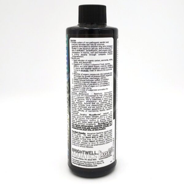 A black bottle of Brightwell Aquatics aquarium product shown from the back, displaying a white label with detailed usage instructions and information in small black text.