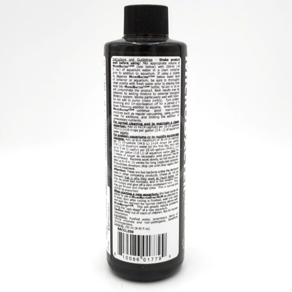 A black plastic bottle with a black cap, showing a white label covered in detailed instructions, guidelines, ingredients, and a barcode on the back. The text is small and densely packed on the label.
