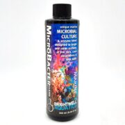 A bottle of Brightwell Aquatics MicroBacter Clean, a microbial culture and enzyme blend for marine aquariums, with colorful coral imagery on the label. The bottle contains 250 ml (8.45 fl oz).