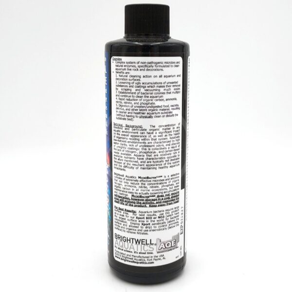 A black bottle of Brightwell Aquatics MicroBacter7 aquarium solution with a white label showing directions, product information, and branding details in black text.