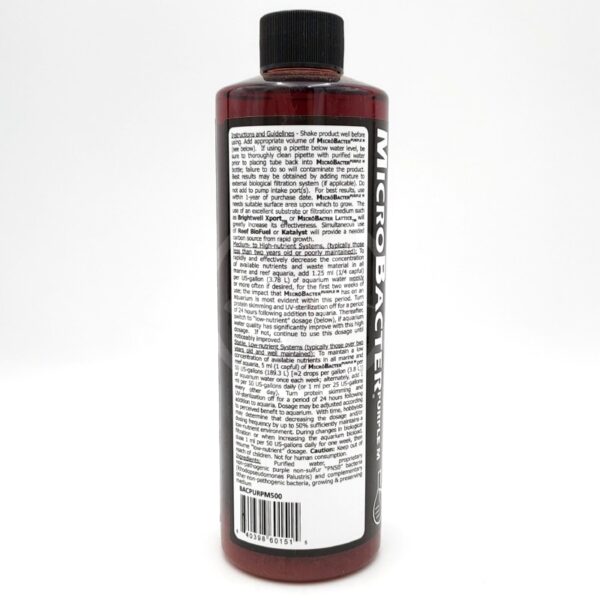 A bottle of MicroBacter with a black cap, shown from the back. The label contains instructions, guidelines, and product information in black text on a white background. The bottle contains a dark red liquid.