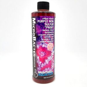 A bottle of Brightwell Aquatics MicroBacter Purple M for marine aquariums, featuring a purple and pink label with coral imagery and product details in white text. The bottle size is 500 ml (17 fl oz).