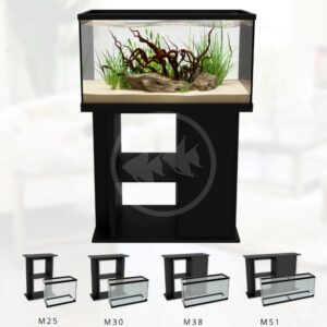 A rectangular aquarium with plants and driftwood sits on a black stand. Below, four different tank and stand models, labeled M25, M30, M38, and M51, are displayed in front of a light background.