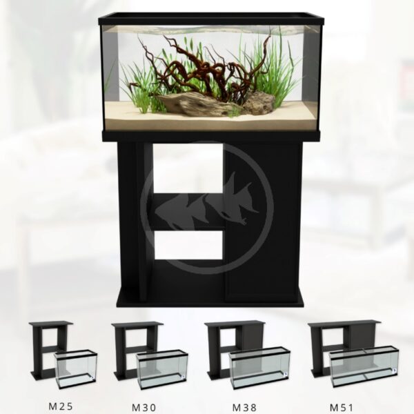 A rectangular aquarium with plants and driftwood sits on a black stand. Below, four different tank and stand models, labeled M25, M30, M38, and M51, are displayed in front of a light background.