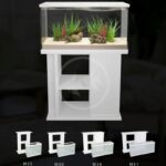 A modern white aquarium stand with an aquarium on top containing rocks and green aquatic plants. Below, four similar white stands of varying sizes are labeled M25, M30, M38, and M51.