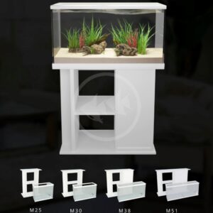 A modern white aquarium stand with an aquarium on top containing rocks and green aquatic plants. Below, four similar white stands of varying sizes are labeled M25, M30, M38, and M51.