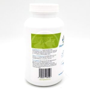 A white bottle labeled Liquid Gardens with product information and usage instructions on the back, standing upright on a white background. The label includes green and blue text and a barcode at the bottom.