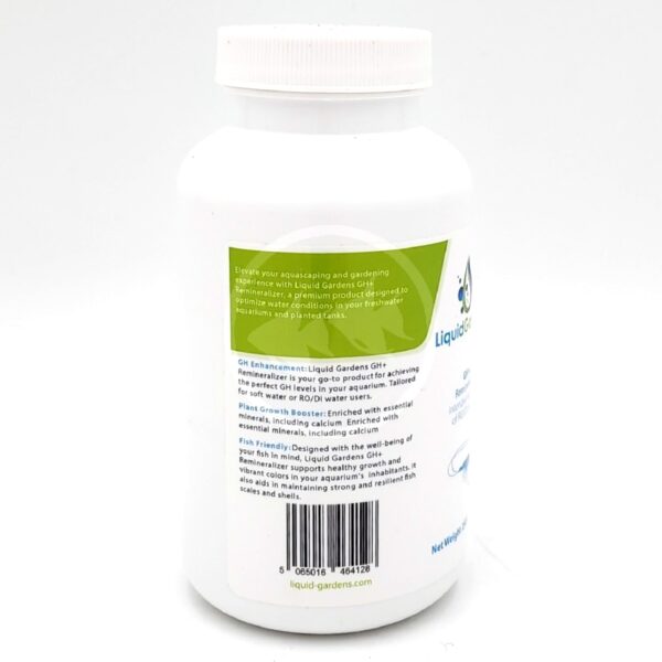 A white bottle labeled Liquid Gardens with product information and usage instructions on the back, standing upright on a white background. The label includes green and blue text and a barcode at the bottom.