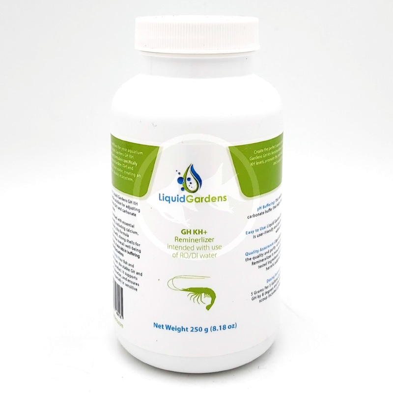 LIQUID GARDENS REMINERALIZER GH KH 250 G 8 8 OZ .jpg A white bottle of Liquid Gardens GH KH+ remineralizer, intended for use with RO/DI water. The label features green accents, text details, and a blue shrimp illustration. Net weight is 250g (8.18 oz).