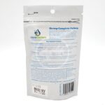 The back of a white resealable pouch labeled Shrimp Complete Pellets by Liquid Gardens, showing detailed product information, key features, ingredients, instructions, barcode, and a best by date of 04/15/26.