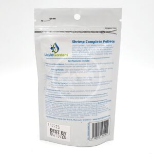 The back of a white resealable pouch labeled Shrimp Complete Pellets by Liquid Gardens, showing detailed product information, key features, ingredients, instructions, barcode, and a best by date of 04/15/26.