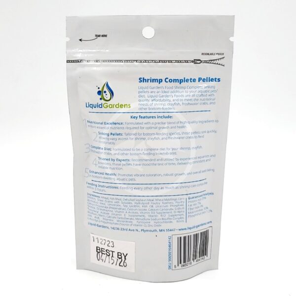 The back of a white resealable pouch labeled Shrimp Complete Pellets by Liquid Gardens, showing detailed product information, key features, ingredients, instructions, barcode, and a best by date of 04/15/26.