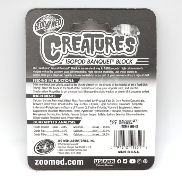 Back of a Zoo Med Creatures Isopod Banquet Block package, displaying product information, feeding instructions, ingredients list, guaranteed analysis, barcode, and company details on a black and white background.