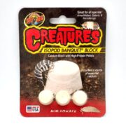 A package of Zoo Med Creatures Isopod Banquet Block, featuring a calcium block with high-protein pellets for isopods. The packaging shows images of isopods and promotes it as a calcium source. Net weight is 0.29 oz (8.2 g).
