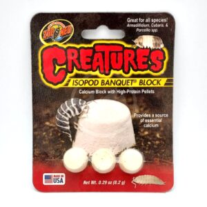 A package of Zoo Med Creatures Isopod Banquet Block, featuring a calcium block with high-protein pellets for isopods. The packaging shows images of isopods and promotes it as a calcium source. Net weight is 0.29 oz (8.2 g).