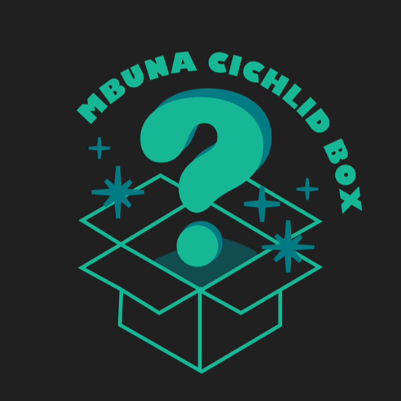 CICHLID MBUNA BARGIN MYSTERY BOX.png A turquoise outline of an open box with a large question mark above it, sparkles around, and the words Mbuna Cichlid Box curved over the top, all on a black background.