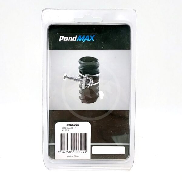 PONDMAX Hose Clamps Set of 4 in plastic packaging includes hose and screw clamps, labeled “Hose Clamps - 1,” with a barcode at the bottom.