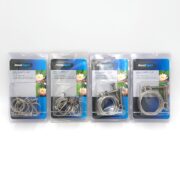 Four packs of PONDMAX HOSE CLAMPS SET OF 4, each in plastic packaging with assorted metal clamps in different sizes, are displayed in a row on a white background.