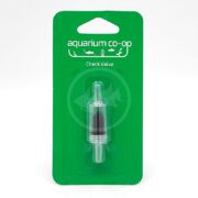 A packaged aquarium check valve from Aquarium Co-Op, displayed on a green card with white text and aquatic graphics. The transparent check valve is centered in a plastic blister pack.