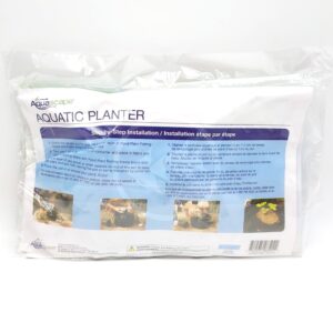 A packaged Aquascape Aquatic Planter with step-by-step installation instructions and images printed on the front, showing how to use the product for planting in ponds.