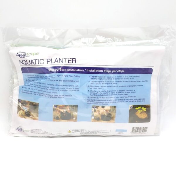 A packaged Aquascape Aquatic Planter with step-by-step installation instructions and images printed on the front, showing how to use the product for planting in ponds.