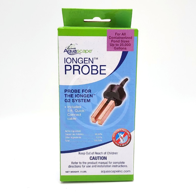 AQUASCAPE IONGEN PROBE FOR G2 FRONT.jpg Box of Aquascape Iongen Probe for the Iongen G2 System, featuring an image of the copper probe with cable, product details, a caution label, and a note for ponds up to 25,000 gallons.
