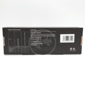 The back of a product box featuring product specifications, attention notices, important reminders, contact information, a barcode, recycling symbols, and Made in China text on a black background.