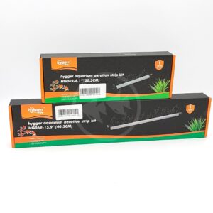 Two black and orange boxes of hygger aquarium aeration strip kits are stacked, showing models HG049-8.1 (20.5 cm) and HG049-15.9 (40.5 cm), with product images and details on the front.