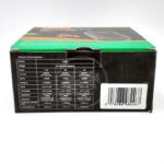 A black box with a barcode and a specifications chart listing voltage, power, air flow, pressure, depth, cord length, application, dimensions, and weight for different models. The background features a partially visible product image.