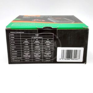 A black box with a barcode and a specifications chart listing voltage, power, air flow, pressure, depth, cord length, application, dimensions, and weight for different models. The background features a partially visible product image.