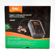 A box for the hygger rechargeable AC/DC aquarium air pump (model HG087), featuring an image of the pump, fish graphics, and a list of product features printed on the front.