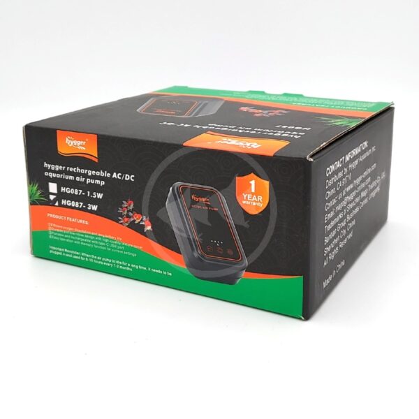 A black and green box for a hygger rechargeable AC/DC aquarium air pump, showing product features, contact information, and an image of the pump on the packaging.