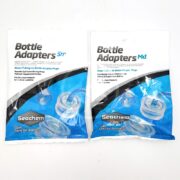 Two packets of Seachem Bottle Adapters, labeled Sr and Md, are displayed side by side. The packaging is white and blue, showing images of the adapters, with text detailing their use for dosing pumps.