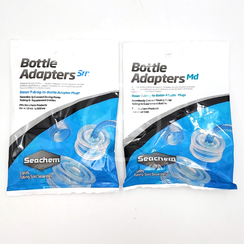 SEACHEM BOTTLE ADAPTERS 6 PK FRONT.jpg Two packets of Seachem Bottle Adapters, labeled Sr and Md, are displayed side by side. The packaging is white and blue, showing images of the adapters, with text detailing their use for dosing pumps.