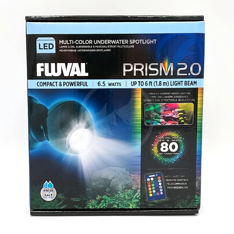 FLUVAL PRISM 2 0 LED FRONT.jpg A box of FLUVAL PRISM 2.0 LED, with 6.5 watts, a 6 ft beam, 80 color options, remote control, and vivid aquarium images on the packaging highlights the versatility of the FLUVAL PRISM 2.0 LED Multi-Color Underwater Spotlight.