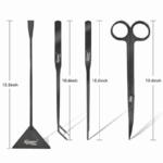 A set of four black aquarium tools, including a spatula, straight tweezers, curved tweezers, and scissors, each labeled with their lengths ranging from 10.6 to 12.5 inches.