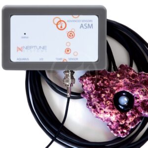 A Neptune Systems ASM advanced sensor module connected by a cable to a sensor embedded in a purple rock-like object, with the cable coiled beside them.