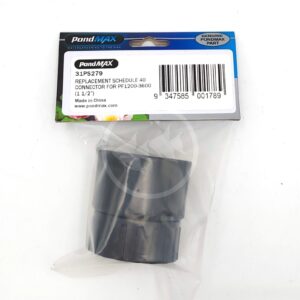 A packaged PondMAX replacement connector, labeled 31PS279 Replacement Schedule 40 Connector for PF1200-3600 (1/2), shown with a barcode and product information on the label.