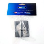 A PondMAX branded fitting, packaged in a clear plastic bag with a blue header displaying contact information and social media icons. The fitting appears to be a black plastic pipe connector or coupler.
