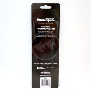 Black packaging for a PondMAX Feeding Thermometer with white text detailing feeding advice for different temperatures. Contact information and website details are printed at the bottom.
