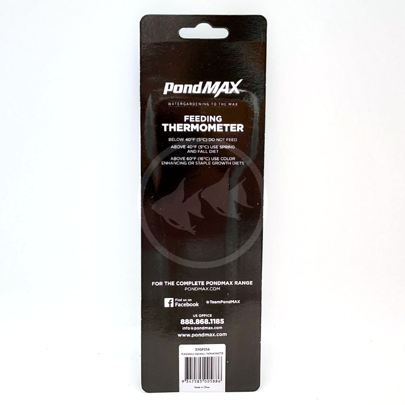 PONDMAX FLOATING THERMOMETER BACK.jpg Black packaging for a PondMAX Feeding Thermometer with white text detailing feeding advice for different temperatures. Contact information and website details are printed at the bottom.