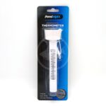 A PondMAX floating feeding thermometer in its packaging, featuring a white thermometer with a string, labeled for use in water, and a blue and black background with product information.