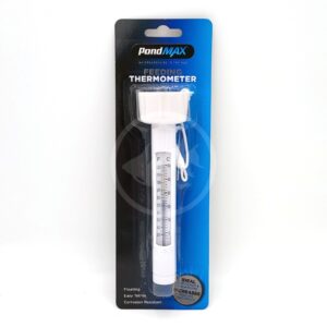A PondMAX floating feeding thermometer in its packaging, featuring a white thermometer with a string, labeled for use in water, and a blue and black background with product information.