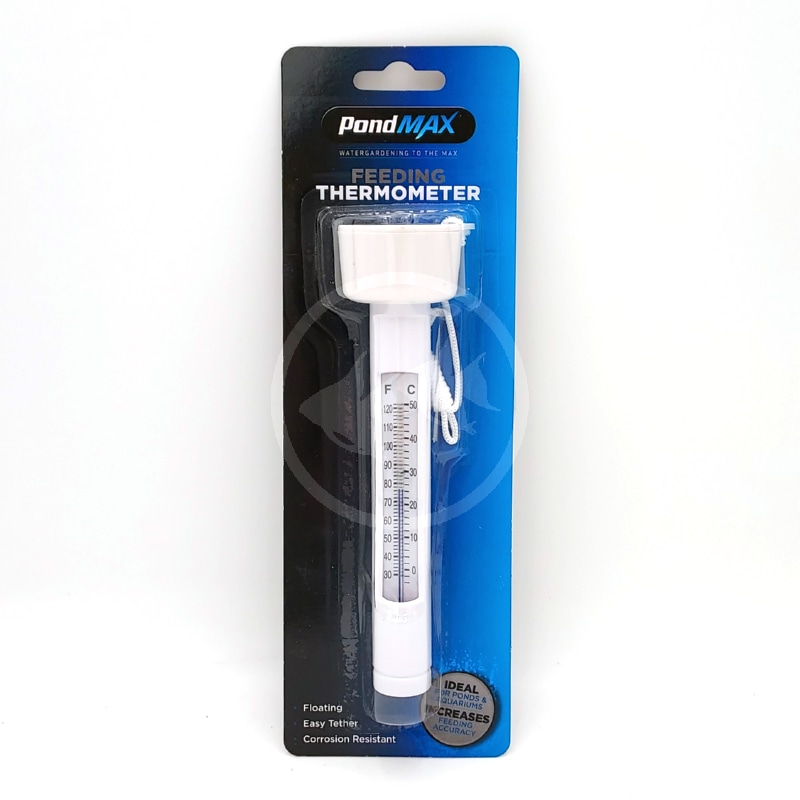 PONDMAX FLOATING THERMOMETER FRONT.jpg A PondMAX floating feeding thermometer in its packaging, featuring a white thermometer with a string, labeled for use in water, and a blue and black background with product information.